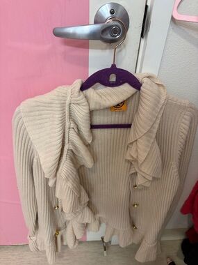 Tory Burch Cream Ruffle-Trim Ribbed Cardigan with Gold Buttons